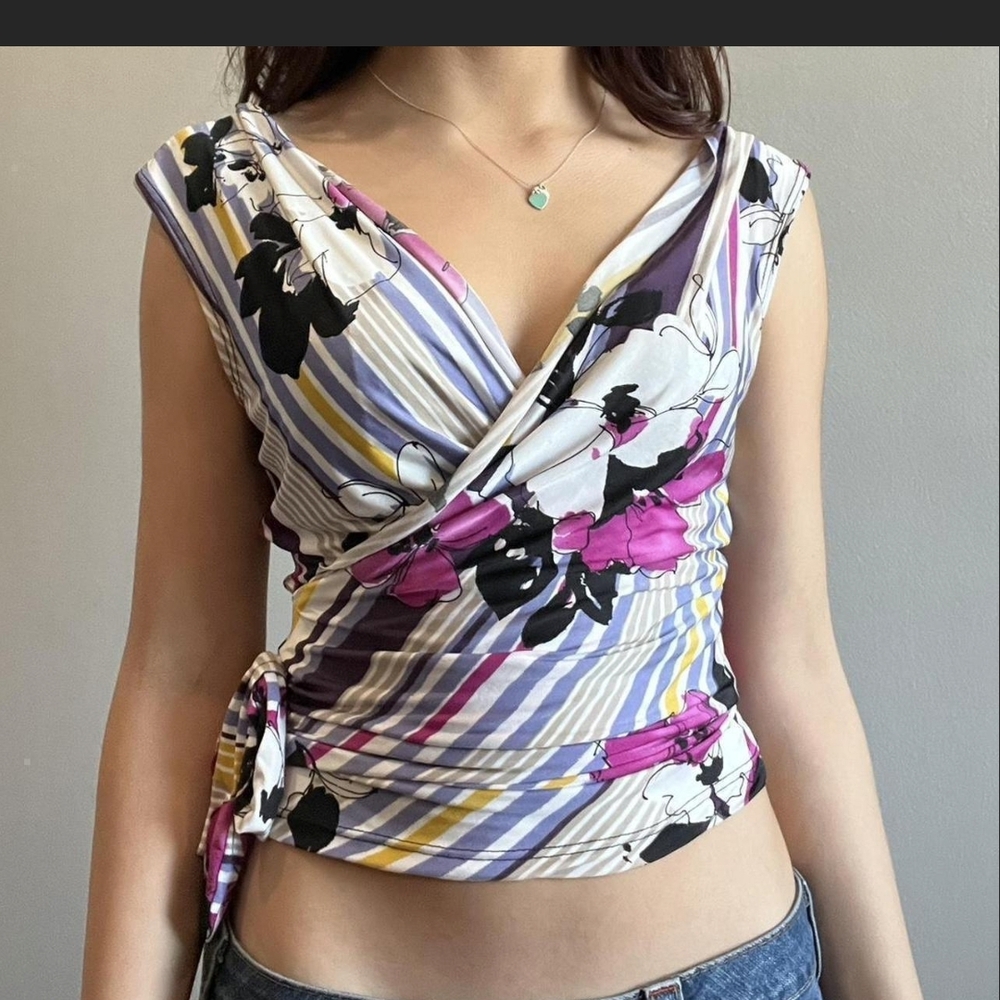 Vibrant Floral Wrap Blouse - Pink, Yellow, Purple